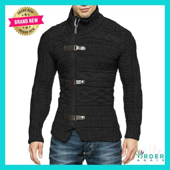 Men's Cable Knit Slim Fit Cardigan Sweater Long Sleeve Classic Chic